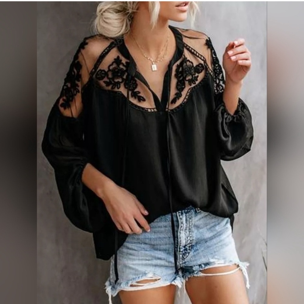 Chic Sheer Embroidered Lace Top Blouse Black. EUC